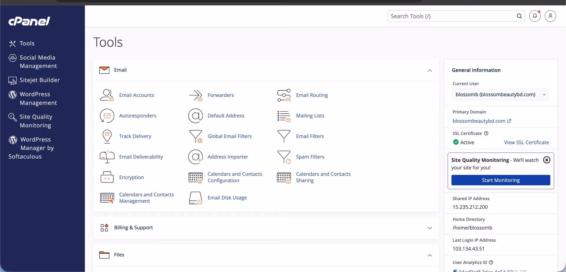 cPanel dashboard — Website management
