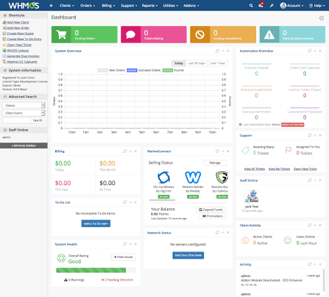 WHMCS dashboard — Billing & client services